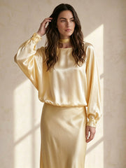 22MM Silk Balloon Sleeve Blouse#Color_Light Lemon Yellow