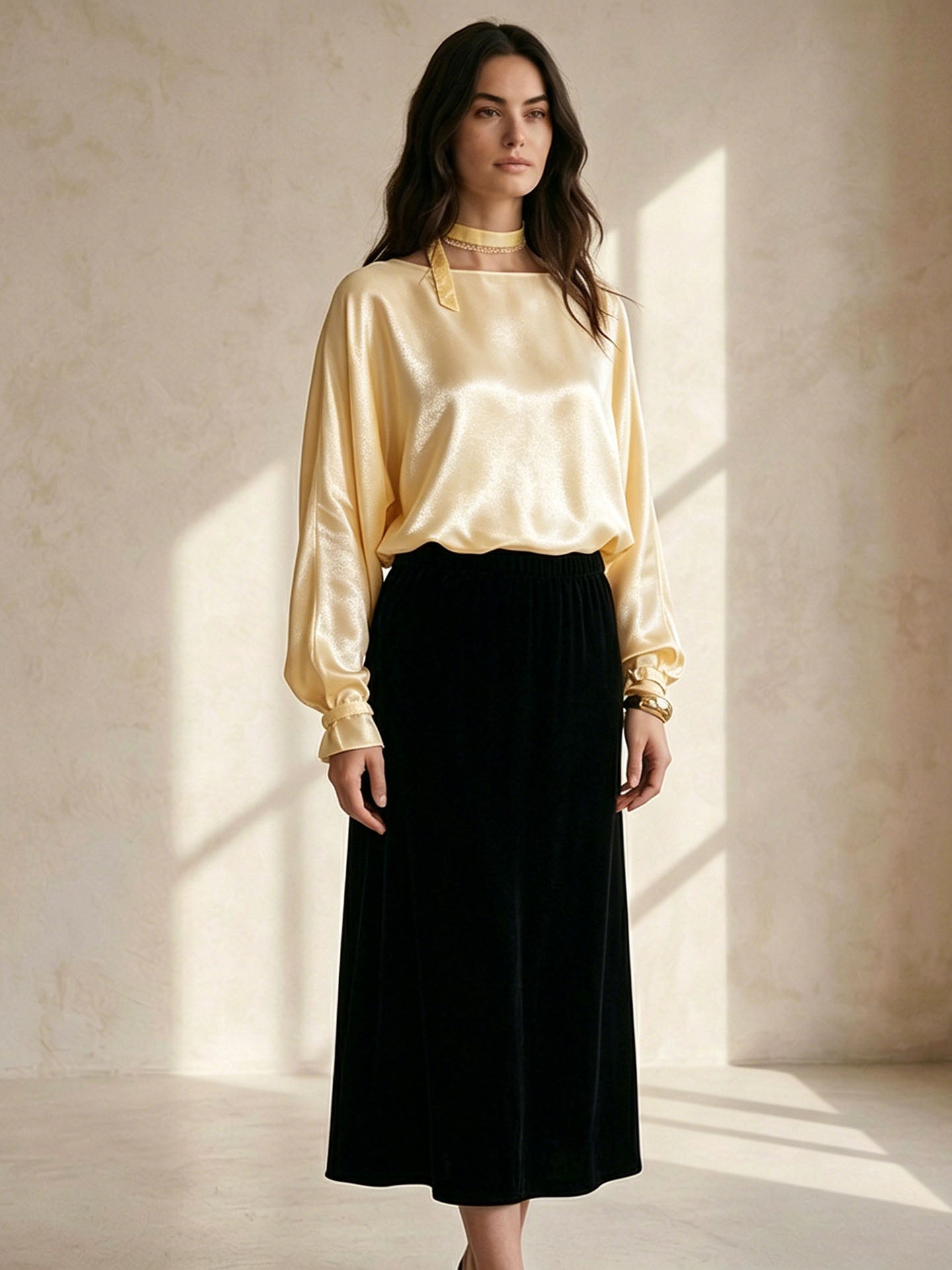 22MM Silk Balloon Sleeve Blouse#Color_Light Lemon Yellow