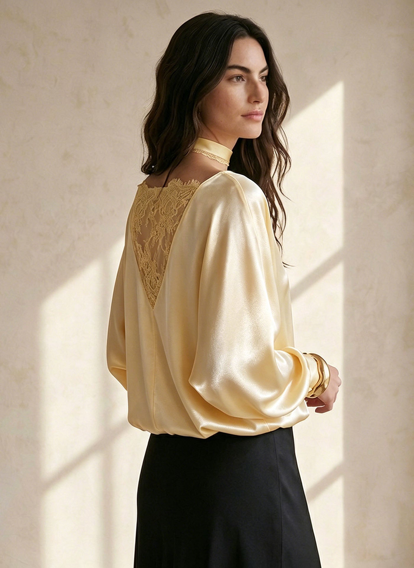 22MM Silk Balloon Sleeve Blouse#Color_Light Lemon Yellow