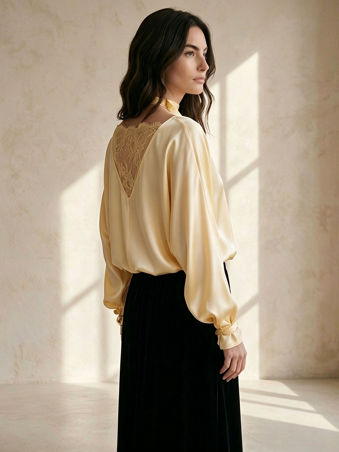 22MM Silk Balloon Sleeve Blouse#Color_Light Lemon Yellow