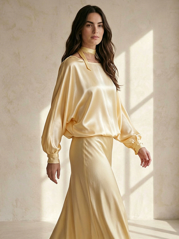 22MM Silk Balloon Sleeve Blouse#Color_Light Lemon Yellow