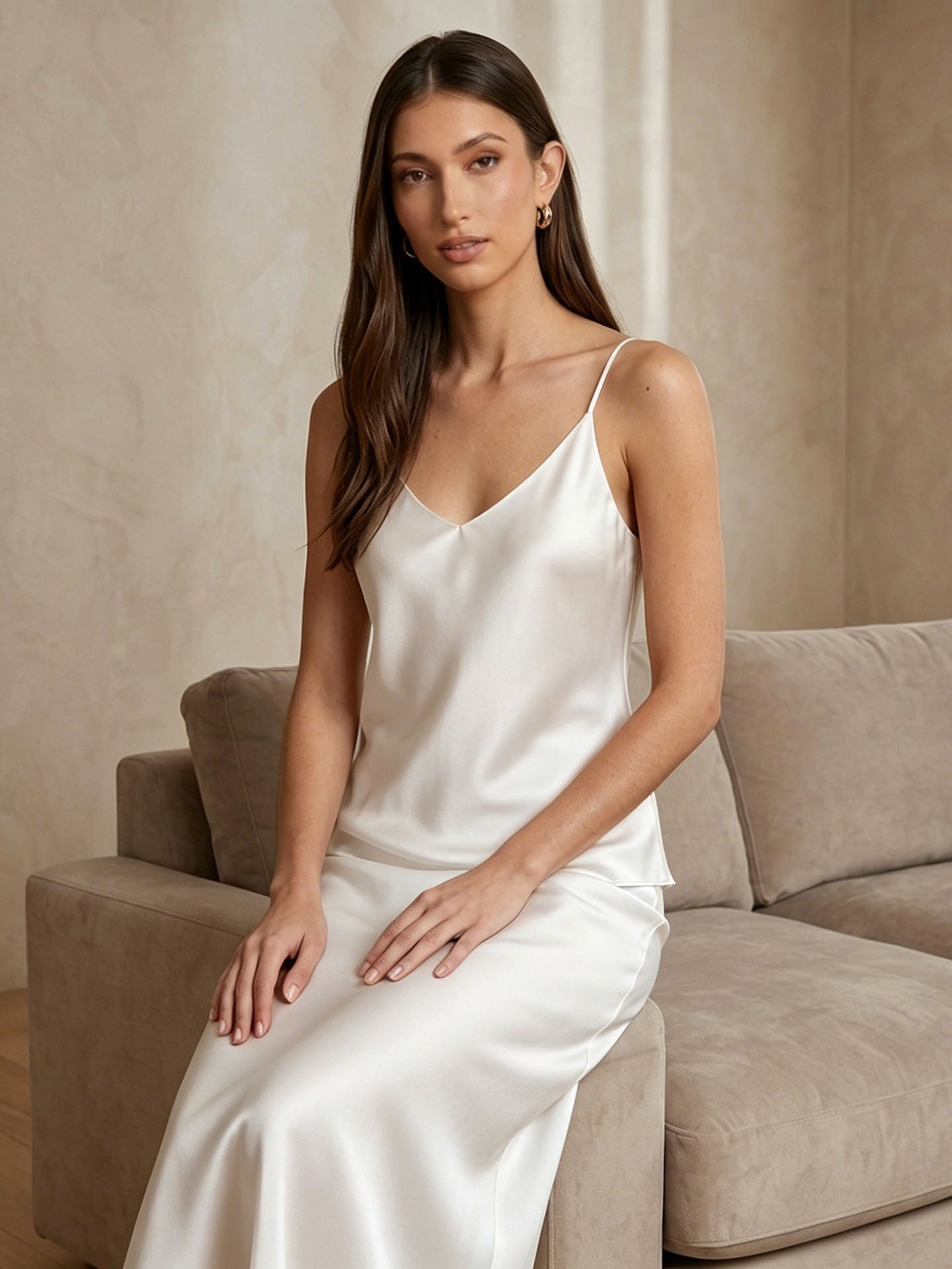 22mm Heavy Silk Satin Classic V-Neck Cami Top#color_White
