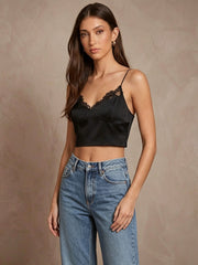 19mm Stretch Silk Lace Trim Crop Cami Top #color_Black