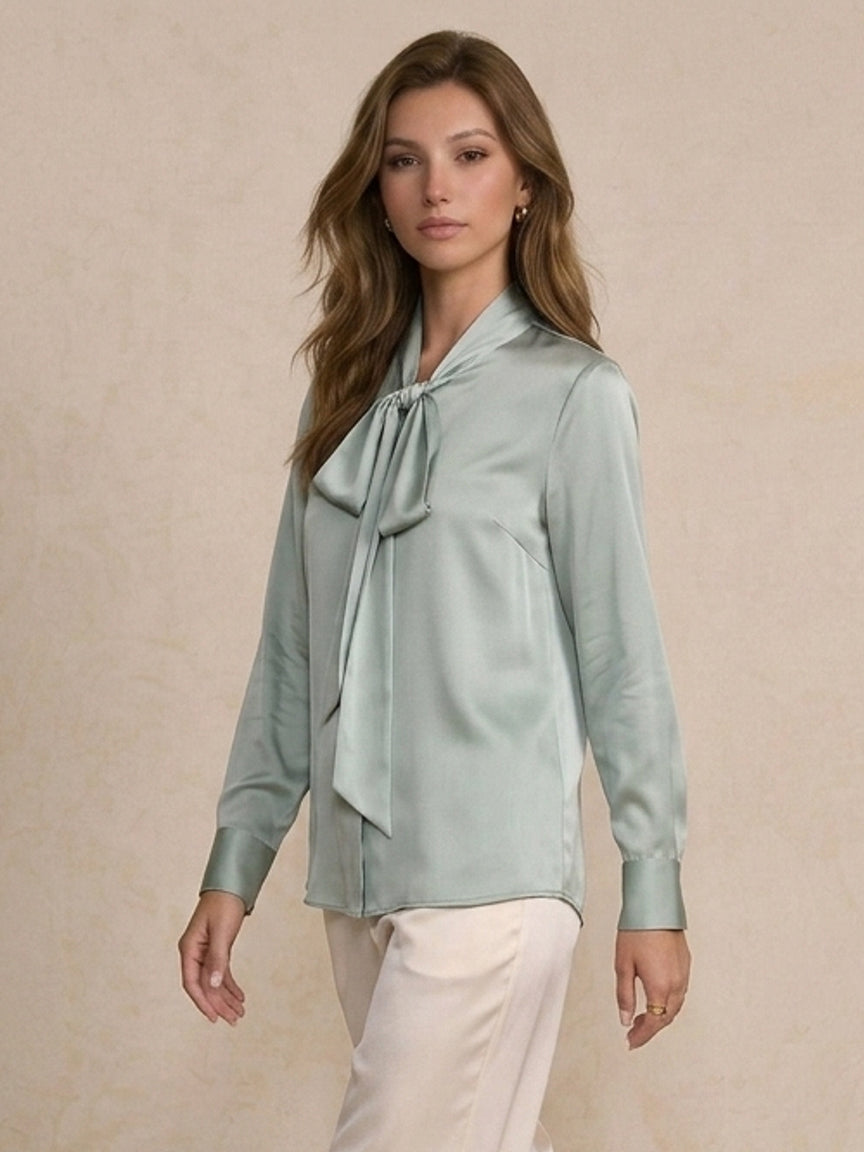 19 Momme Stretch Silk Tie-Neck Blouse#Color_Baby Blue