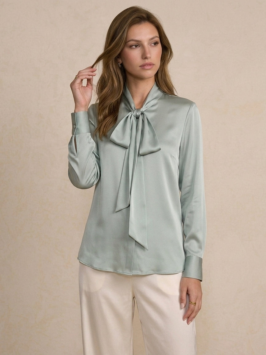 19 Momme Stretch Silk Tie-Neck Blouse#Color_Baby Blue
