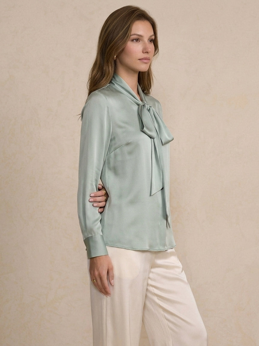 19 Momme Stretch Silk Tie-Neck Blouse#Color_Baby Blue