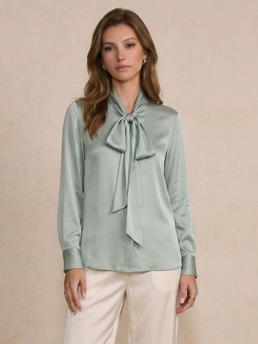 19 Momme Stretch Silk Tie-Neck Blouse#Color_Baby Blue