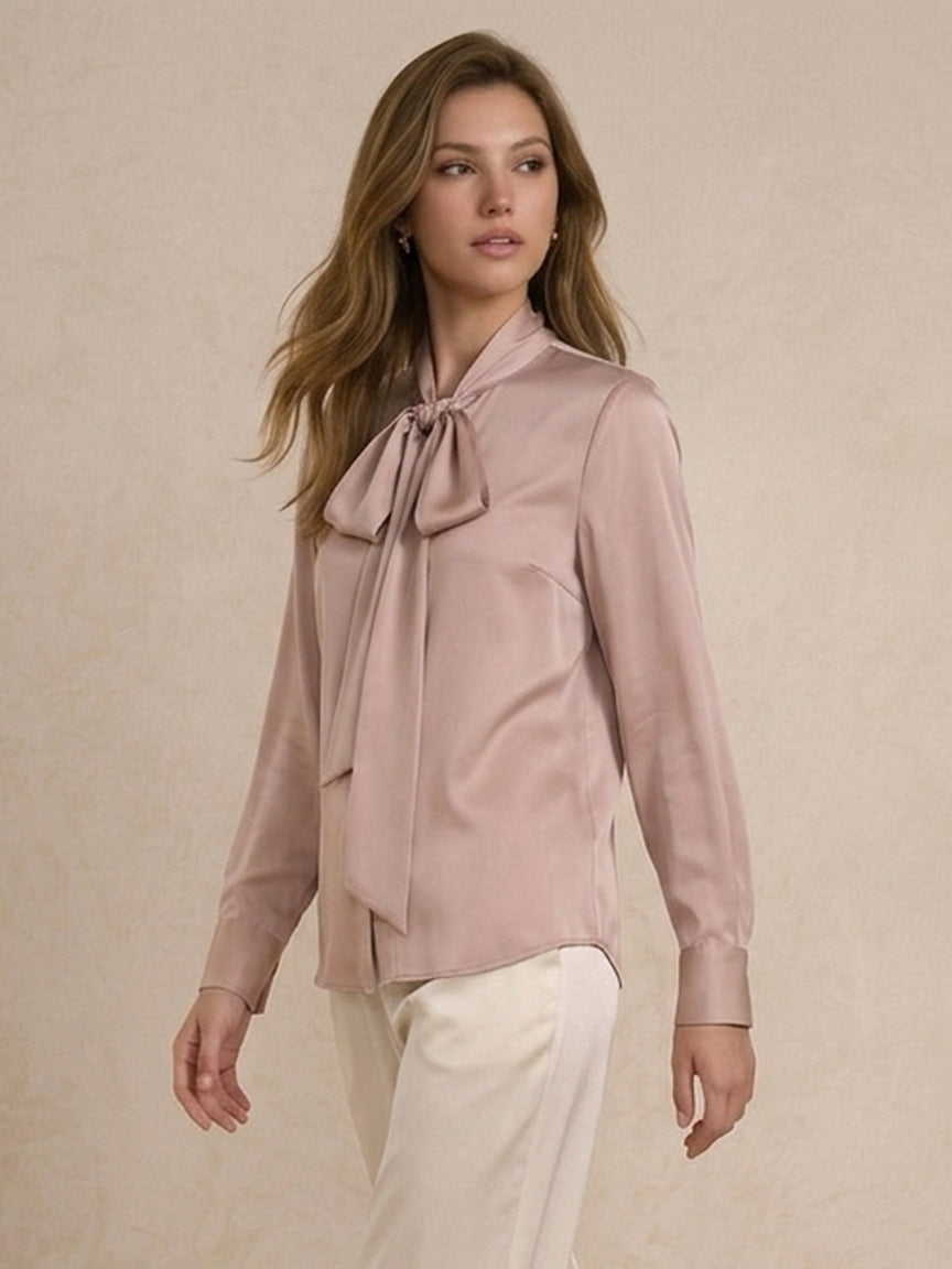 19 Momme Stretch Silk Tie-Neck Blouse#Color_Blush