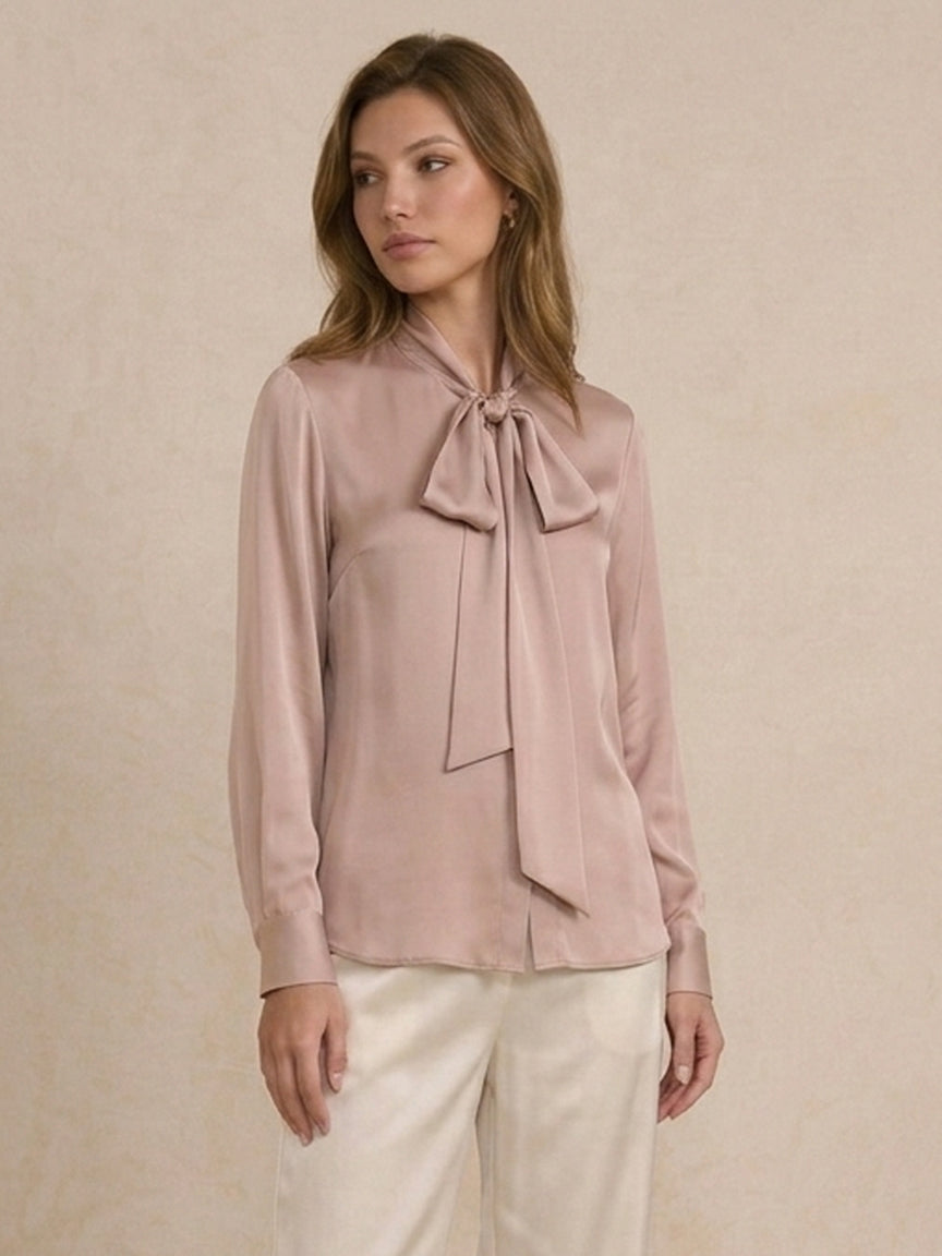 19 Momme Stretch Silk Tie-Neck Blouse#Color_Blush