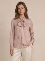 19 Momme Stretch Silk Tie-Neck Blouse#Color_Blush