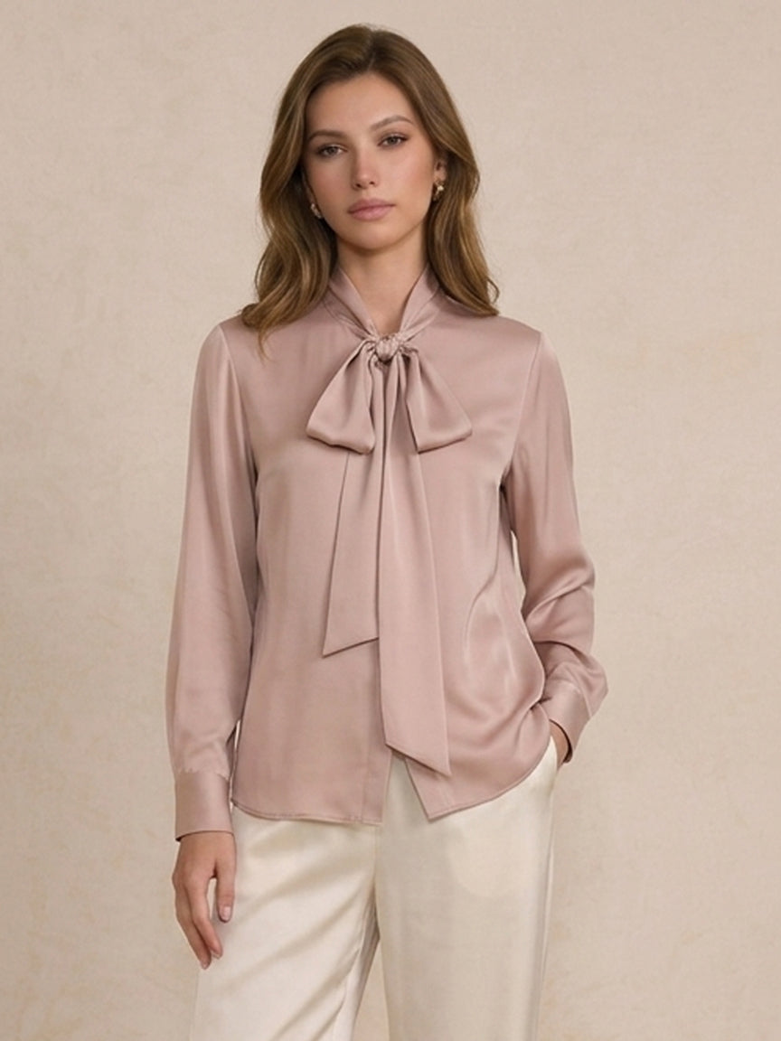 19 Momme Stretch Silk Tie-Neck Blouse#Color_Blush