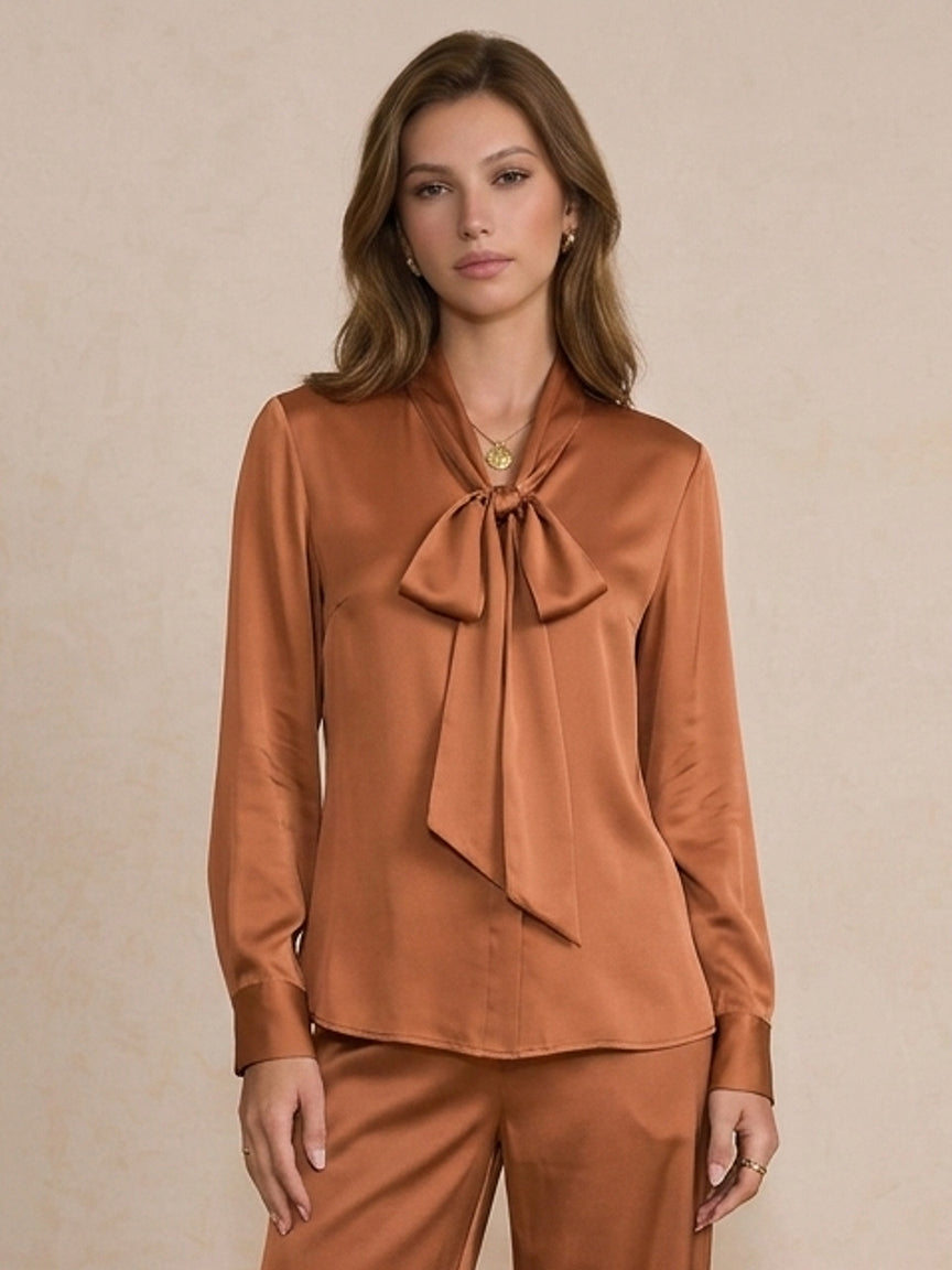 19 Momme Stretch Silk Tie-Neck Blouse#Color_Caramel
