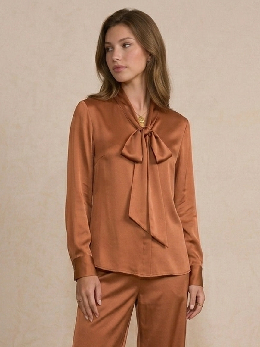 19 Momme Stretch Silk Tie-Neck Blouse#Color_Caramel