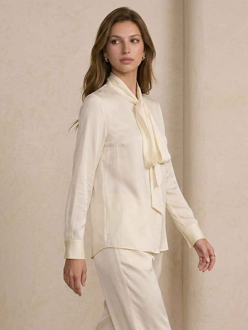 19 Momme Stretch Silk Tie-Neck Blouse#Color_Ivory White