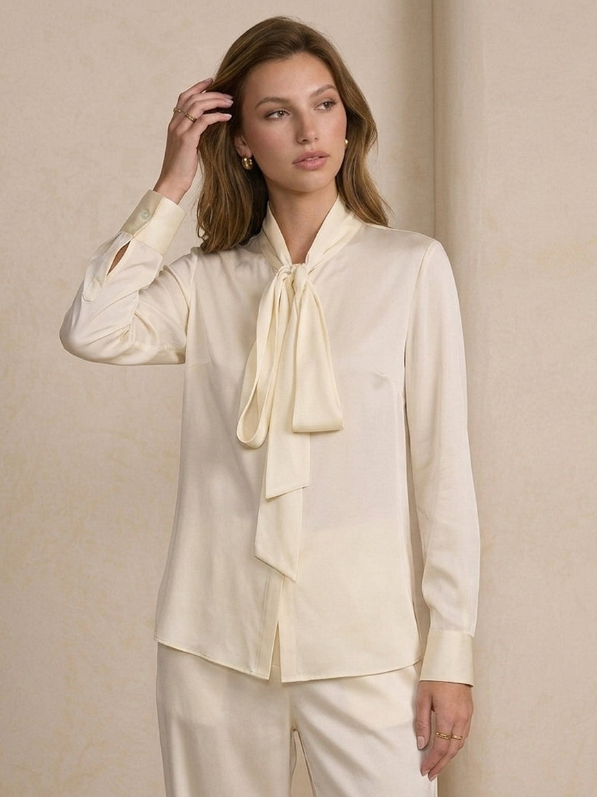 19 Momme Stretch Silk Tie-Neck Blouse#Color_Ivory White