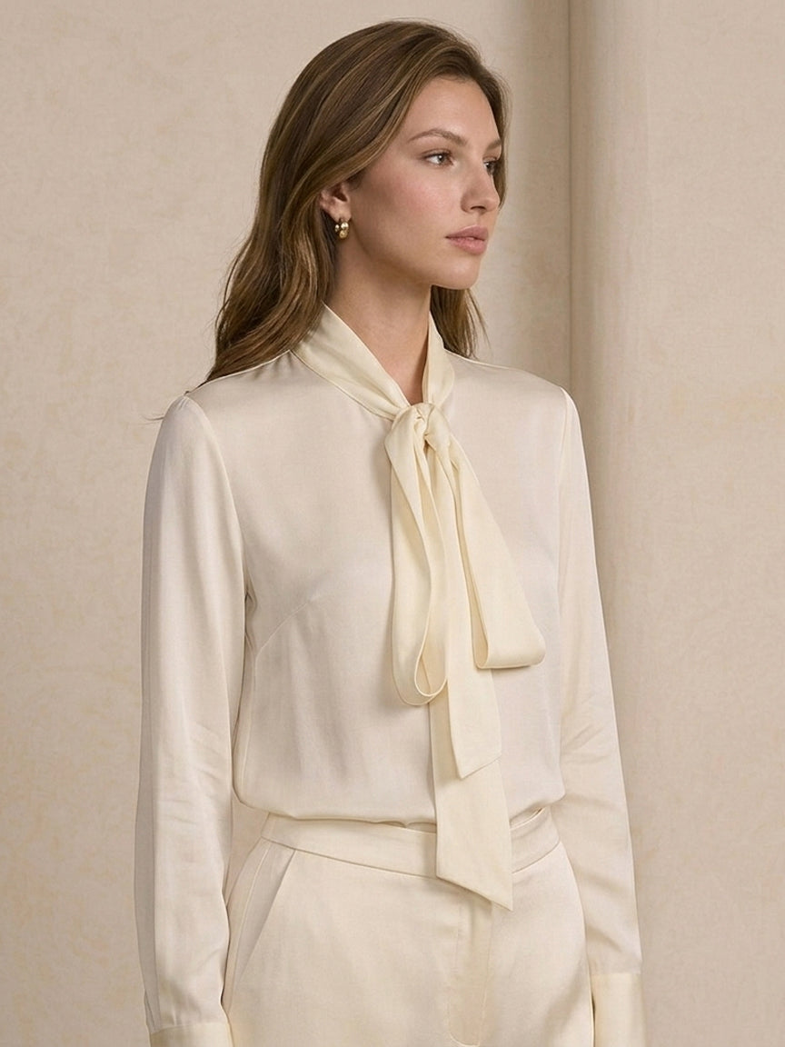 19 Momme Stretch Silk Tie-Neck Blouse#Color_Ivory White