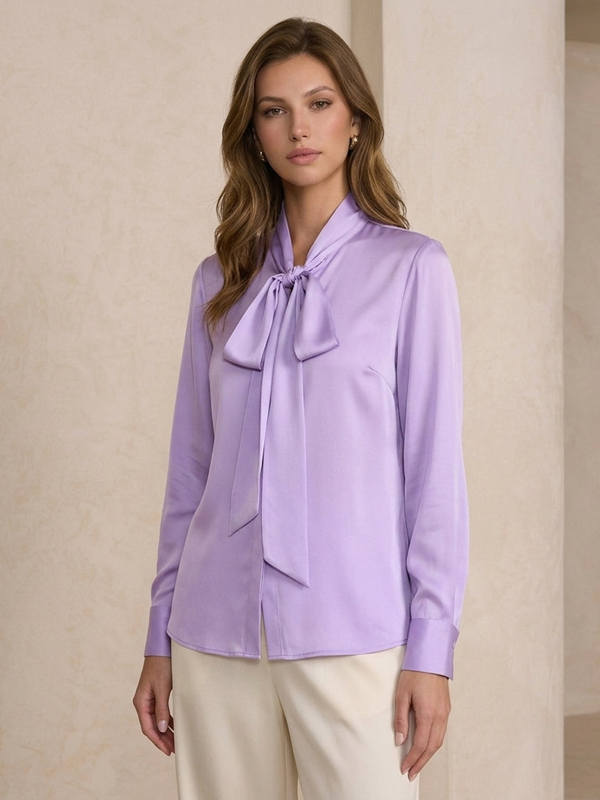 19 Momme Stretch Silk Tie-Neck Blouse#Color_Lilac