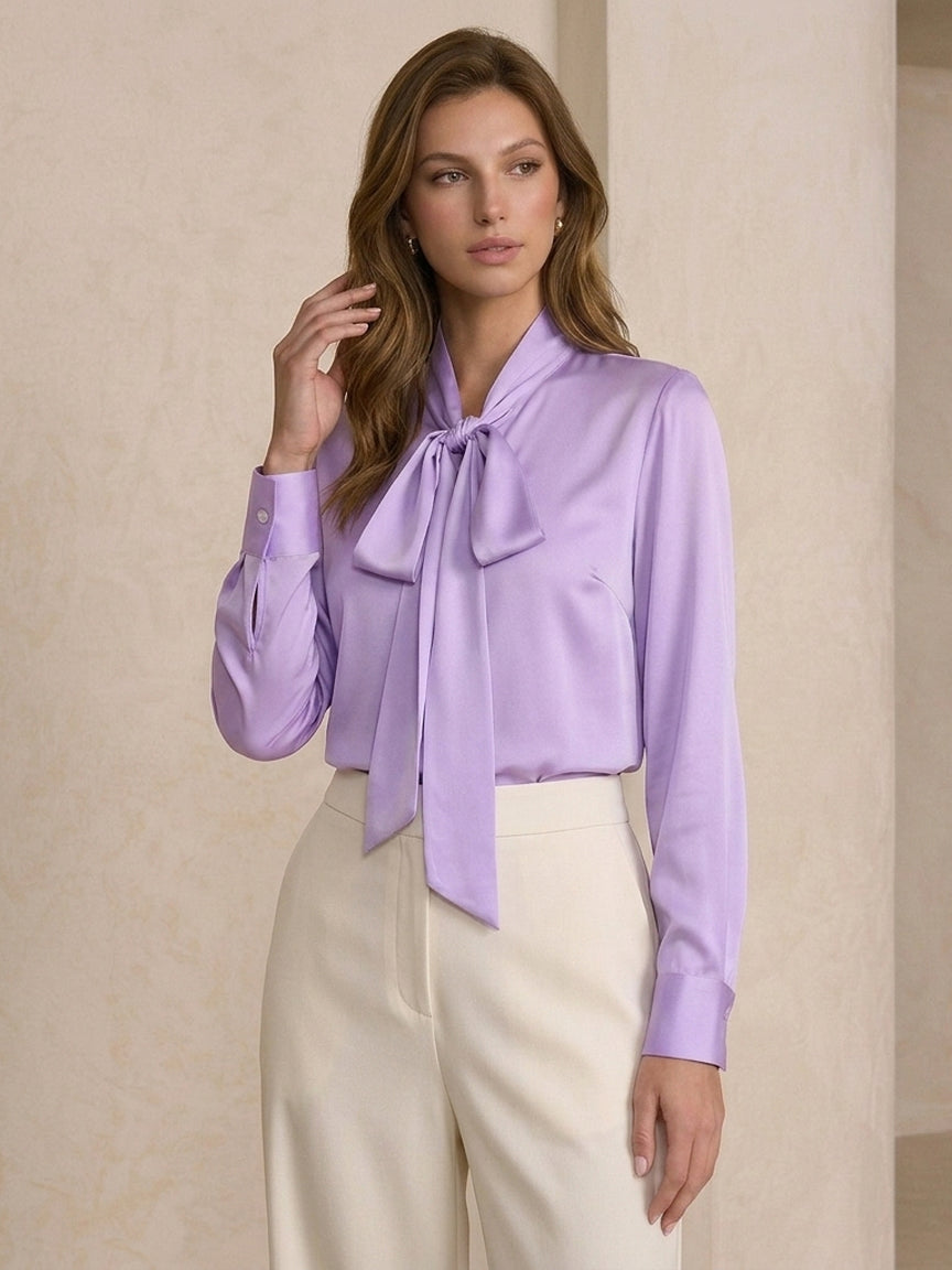 19 Momme Stretch Silk Tie-Neck Blouse#Color_Lilac