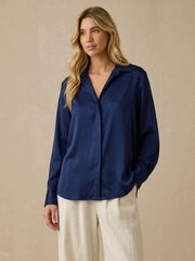 19 Momme Stretch Silk Relaxed Shirt#Color_Navy