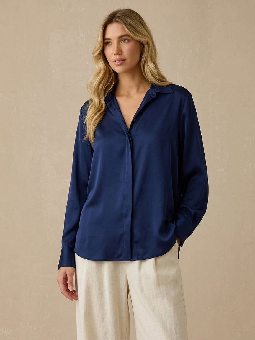 19 Momme Stretch Silk Relaxed Shirt#Color_Navy