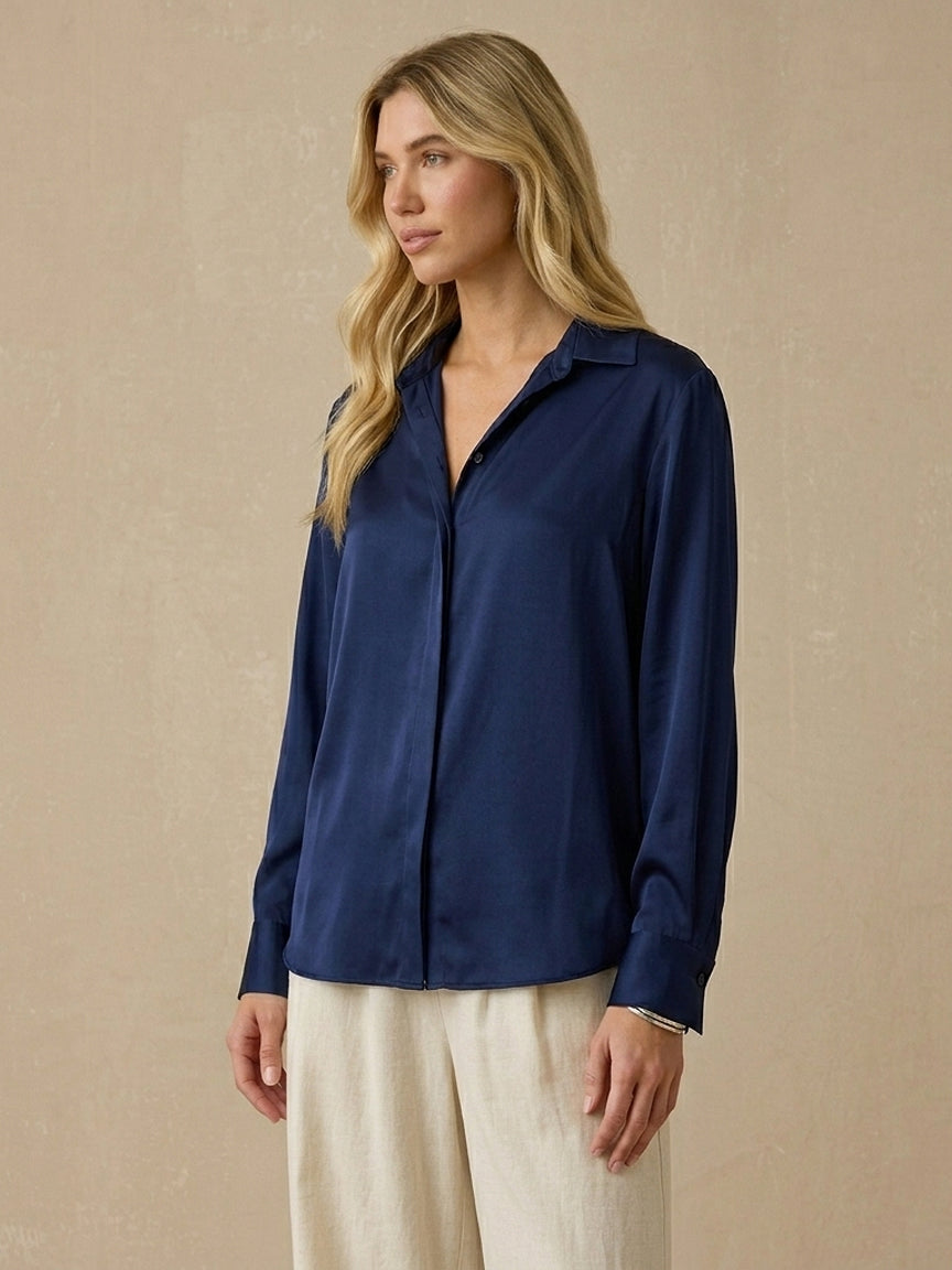 19 Momme Stretch Silk Relaxed Shirt#Color_Navy