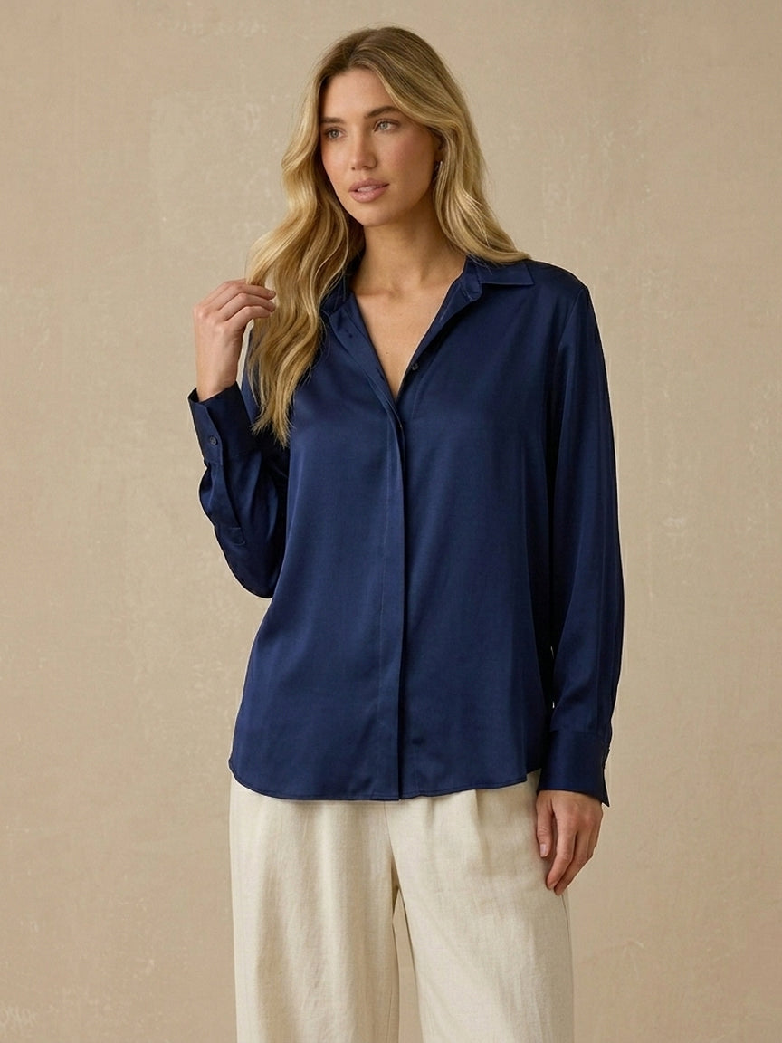 19 Momme Stretch Silk Relaxed Shirt#Color_Navy