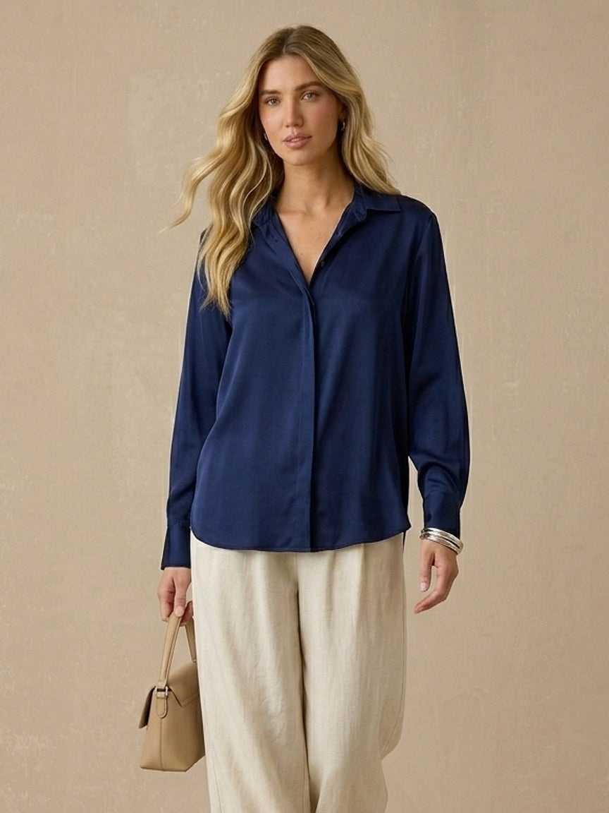19 Momme Stretch Silk Relaxed Shirt#Color_Navy