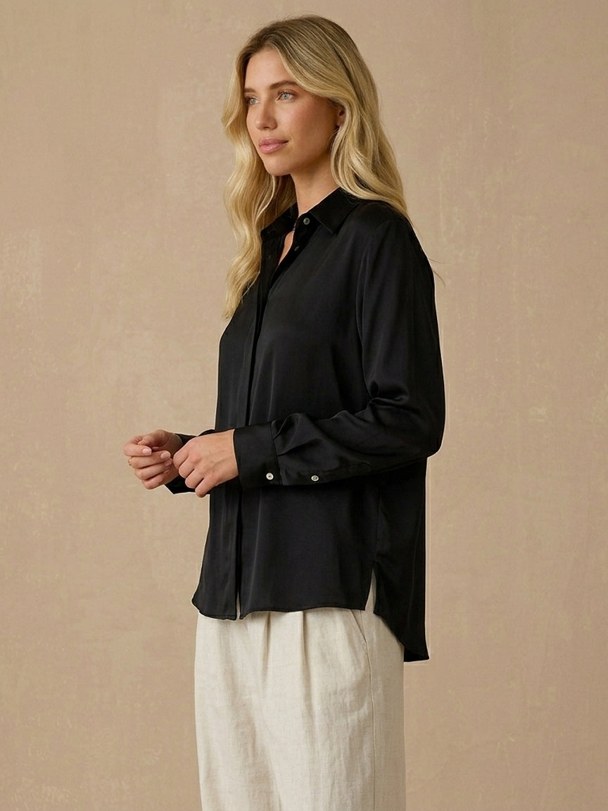 19 Momme Stretch Silk Relaxed Shirt#Color_Black