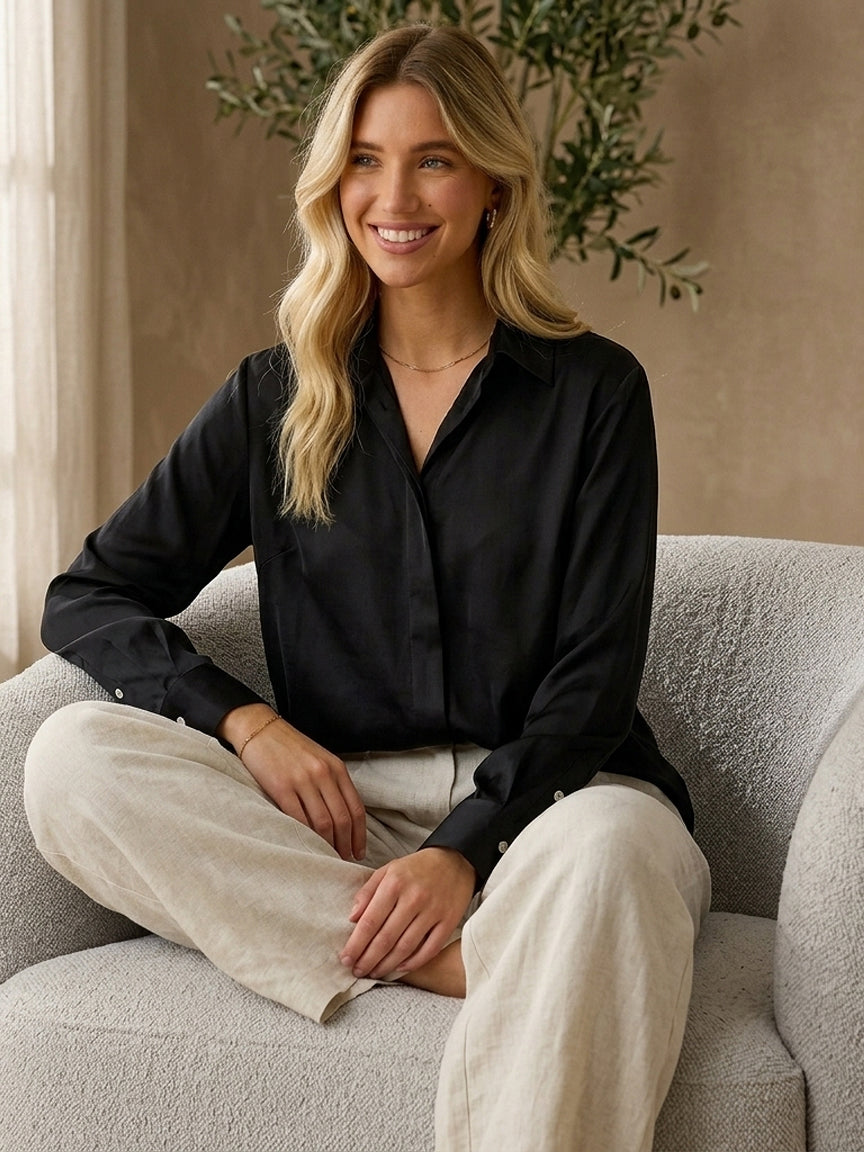 19 Momme Stretch Silk Relaxed Shirt#Color_Black