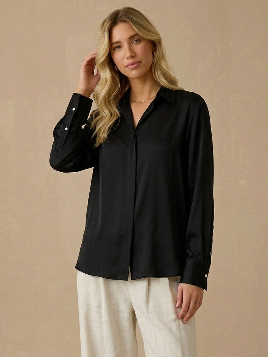 19 Momme Stretch Silk Relaxed Shirt#Color_Black