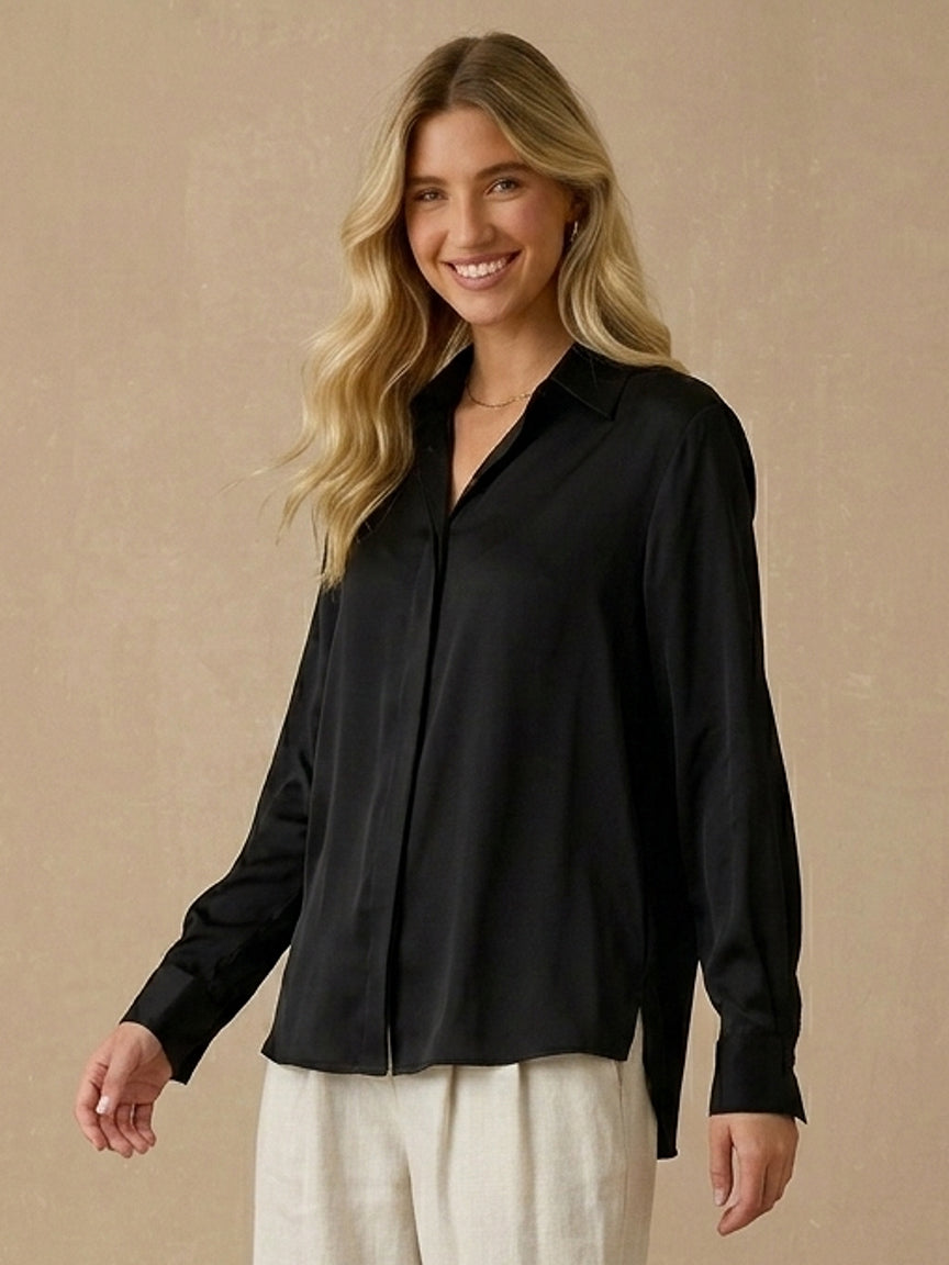 19 Momme Stretch Silk Relaxed Shirt#Color_Black