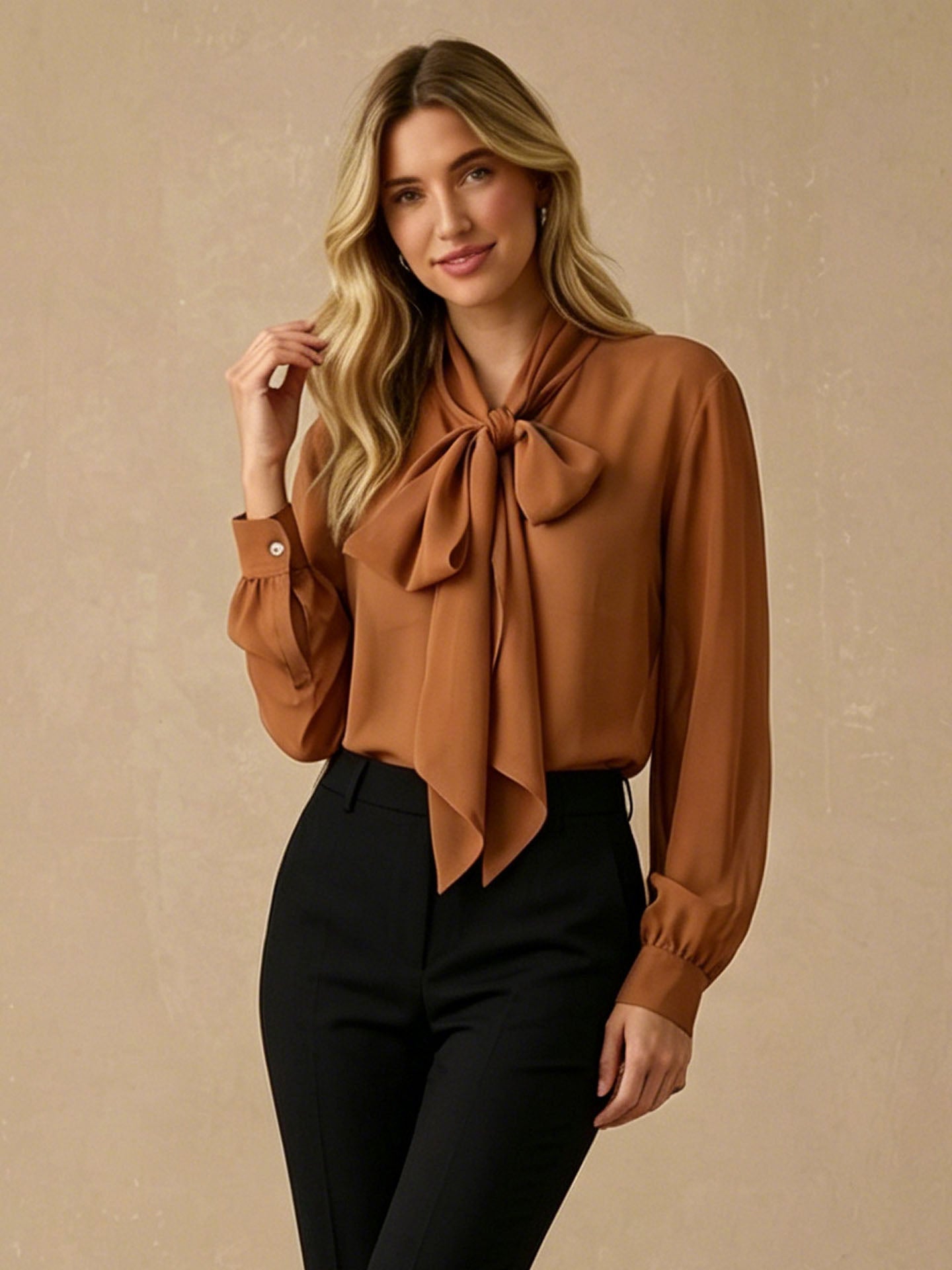 Silk Georgette Tie-Neck Blouse#color_Caramel