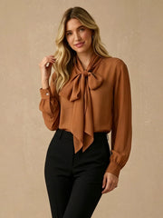 Silk Georgette Tie-Neck Blouse#color_Caramel