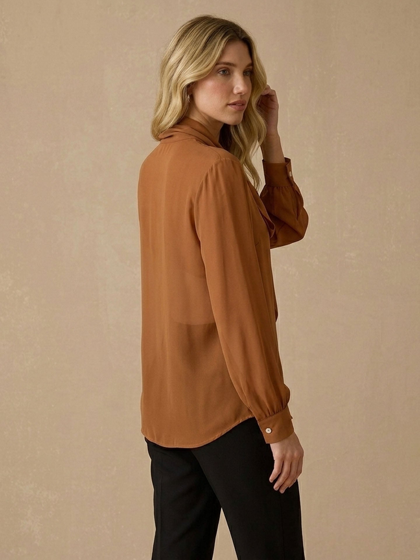 Silk Georgette Tie-Neck Blouse#color_Caramel