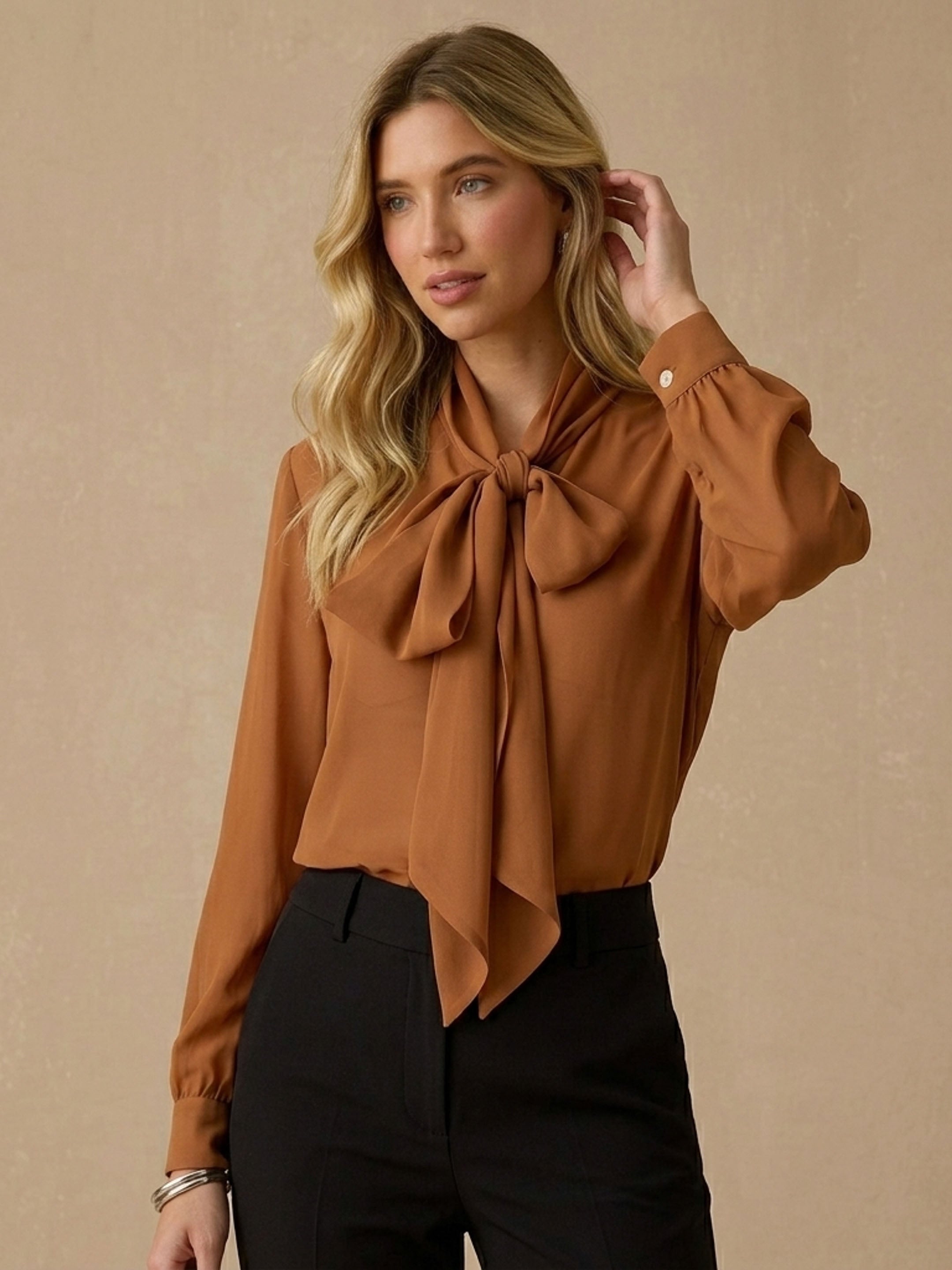 Silk Georgette Tie-Neck Blouse#color_Caramel