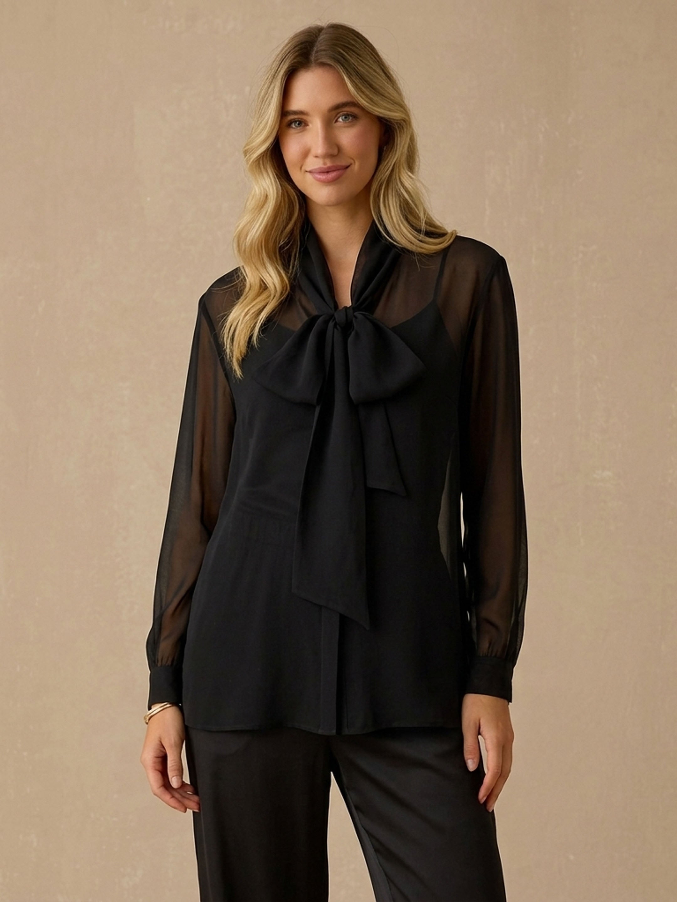 Silk Georgette Tie-Neck Blouse#color_Black