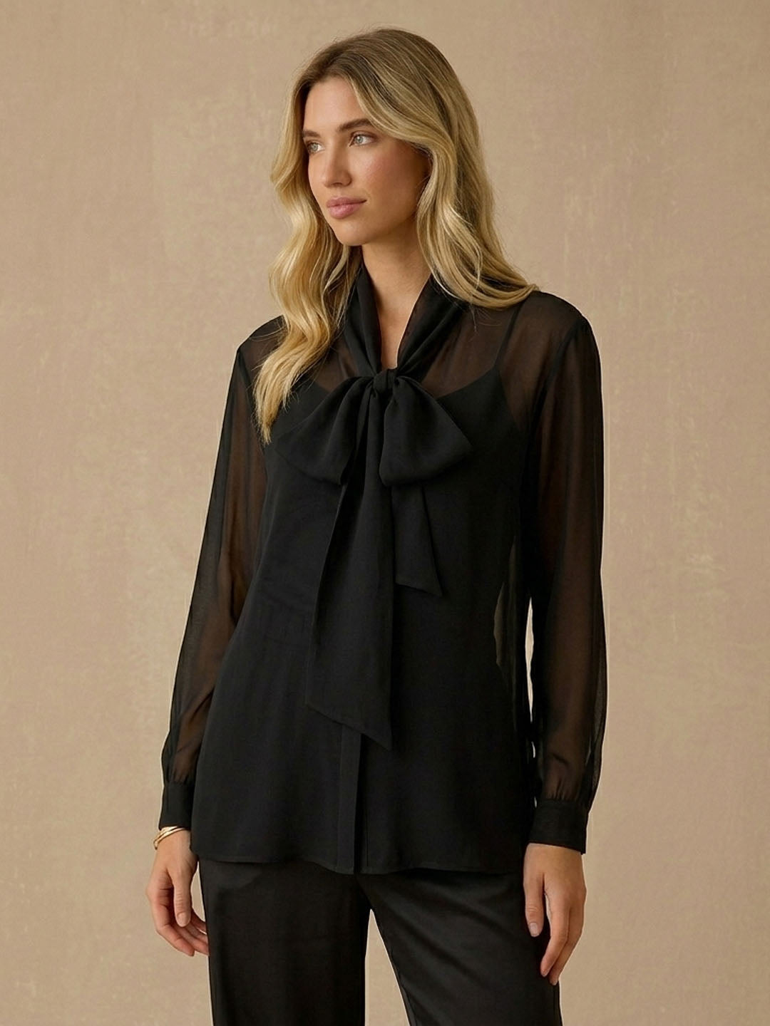 Silk Georgette Tie-Neck Blouse#color_Black