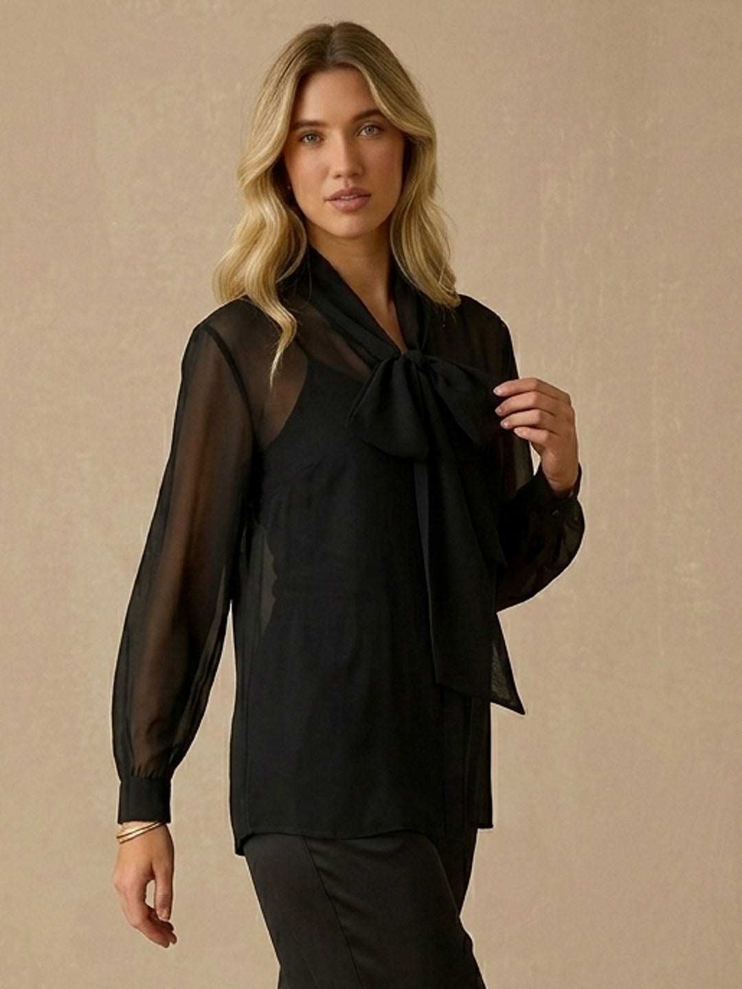 Silk Georgette Tie-Neck Blouse#color_Black