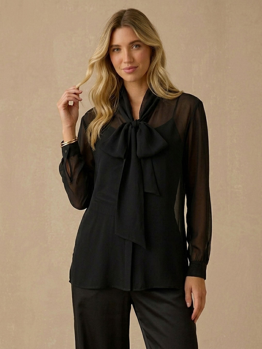 Silk Georgette Tie-Neck Blouse#color_Black