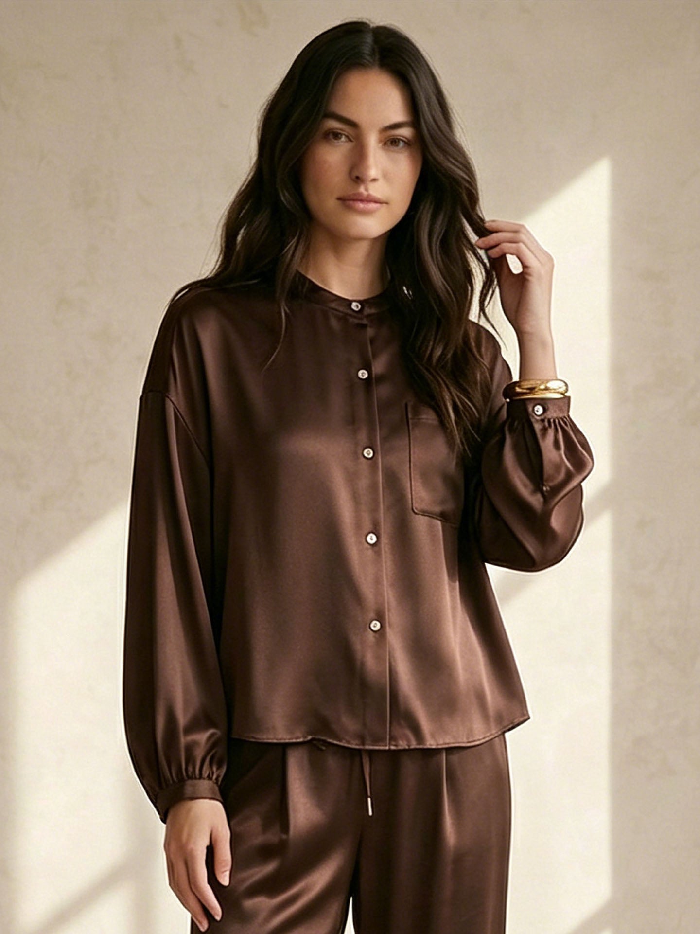 22 Momme Silk Pocket Blouse #color_Chocolate