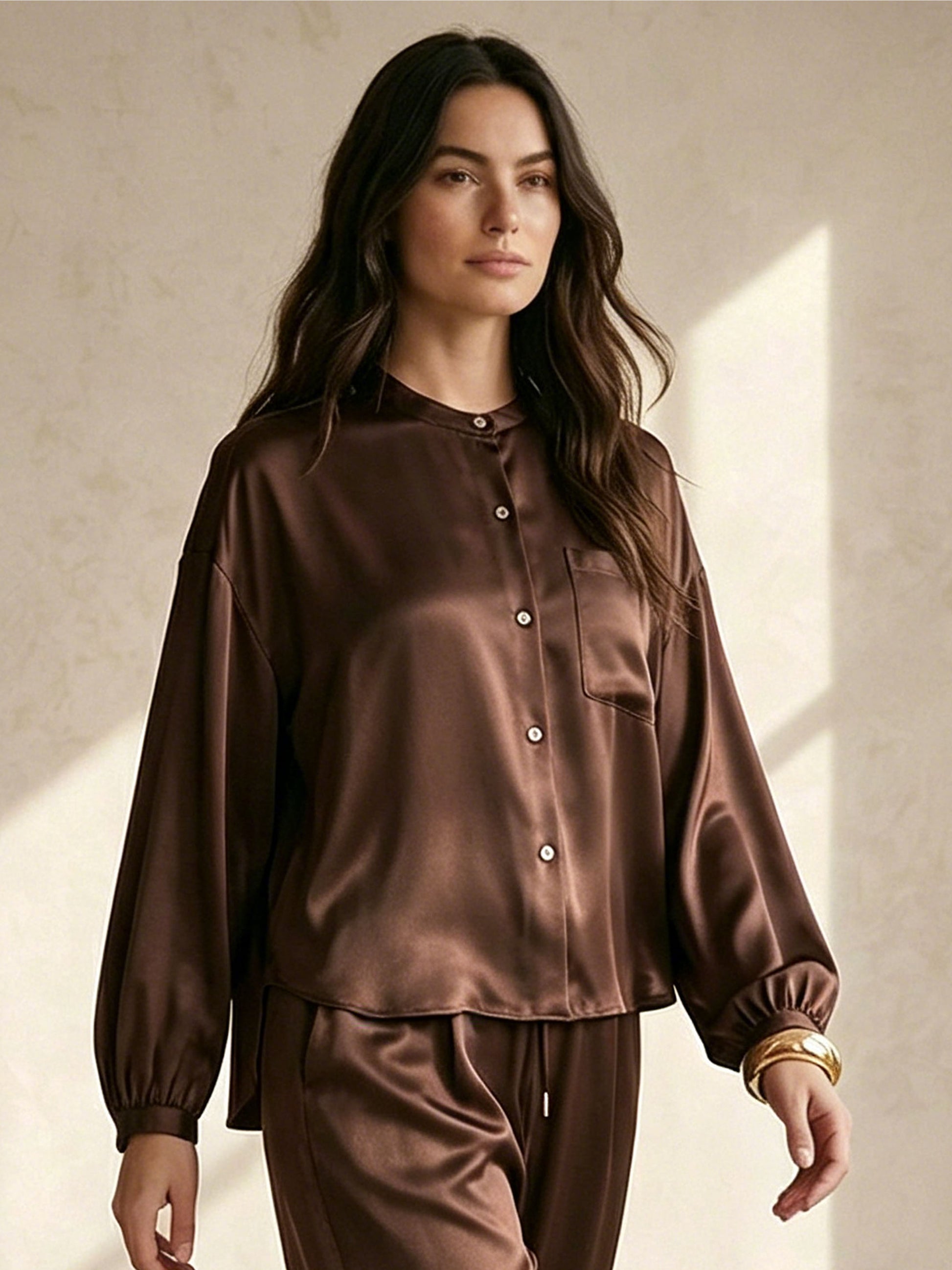 22 Momme Silk Pocket Blouse #color_Chocolate