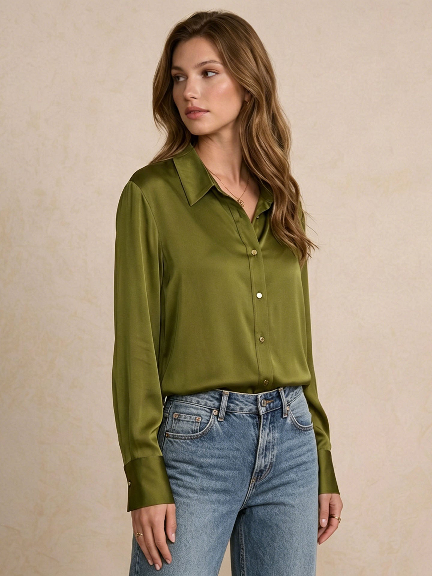 Modern Metallic-Button Silk Blouse #color_Dark Olive