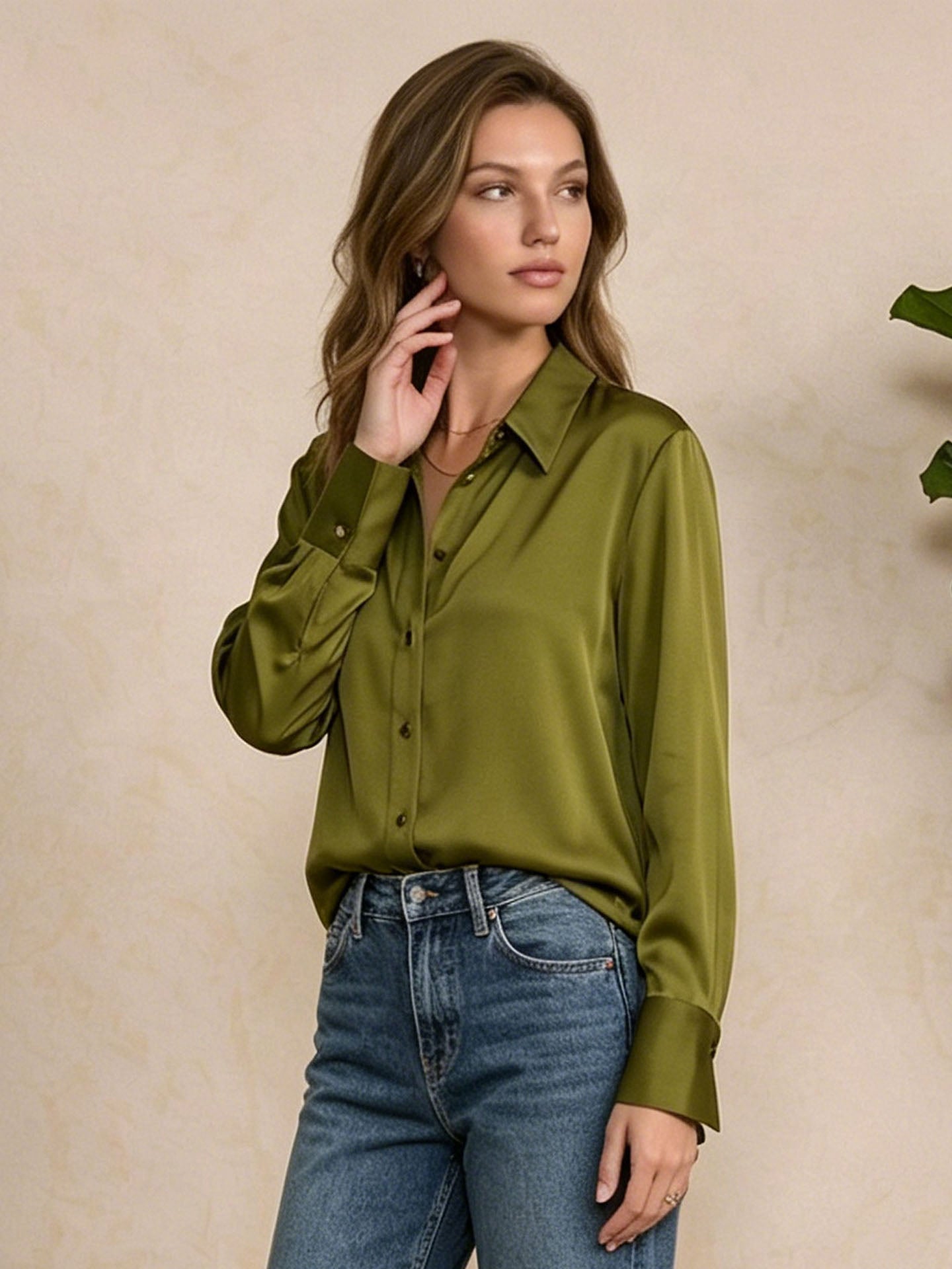 Modern Metallic-Button Silk Blouse #color_Dark Olive