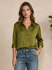 Modern Metallic-Button Silk Blouse #color_Dark Olive