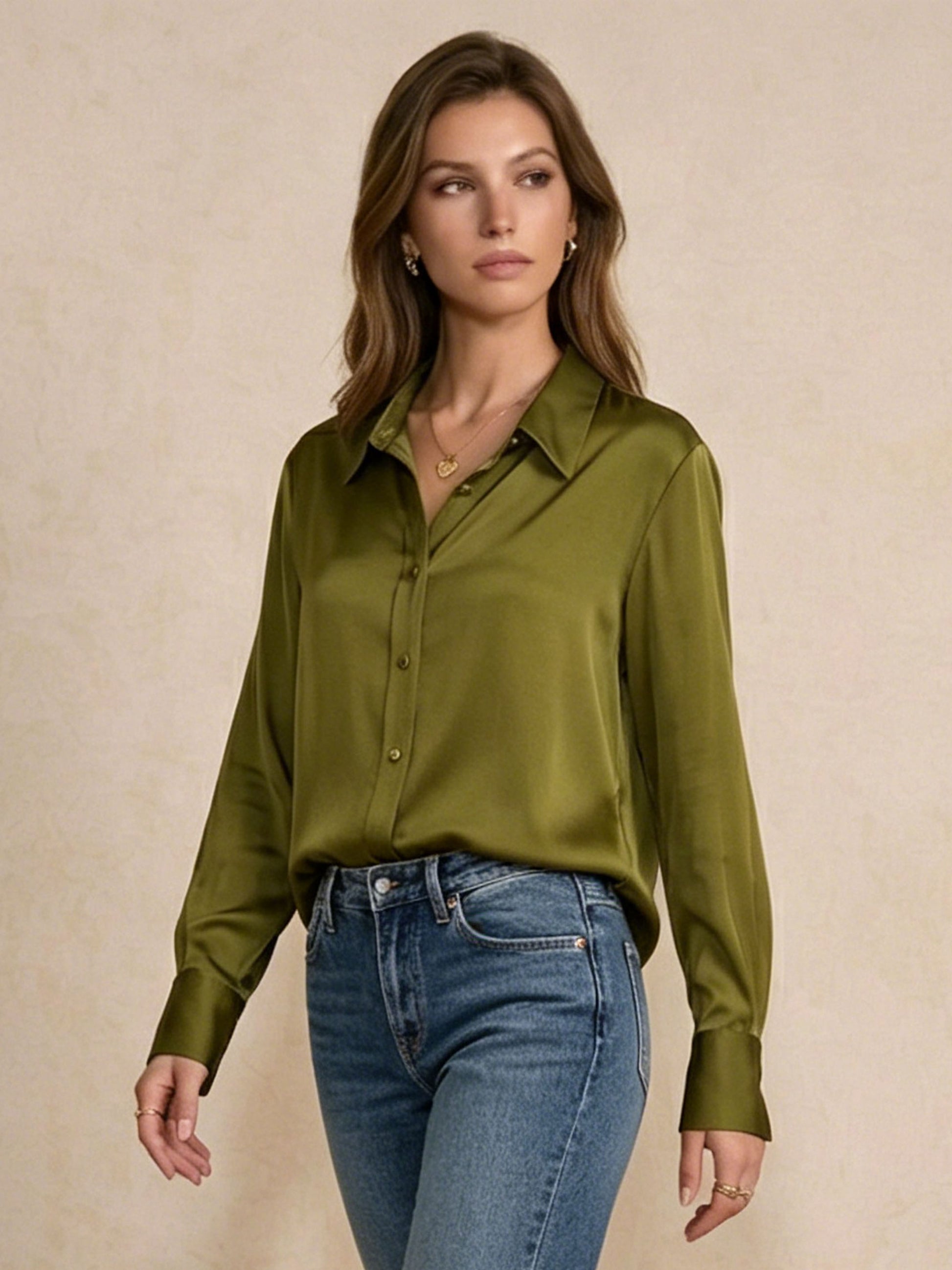 Modern Metallic-Button Silk Blouse #color_Dark Olive