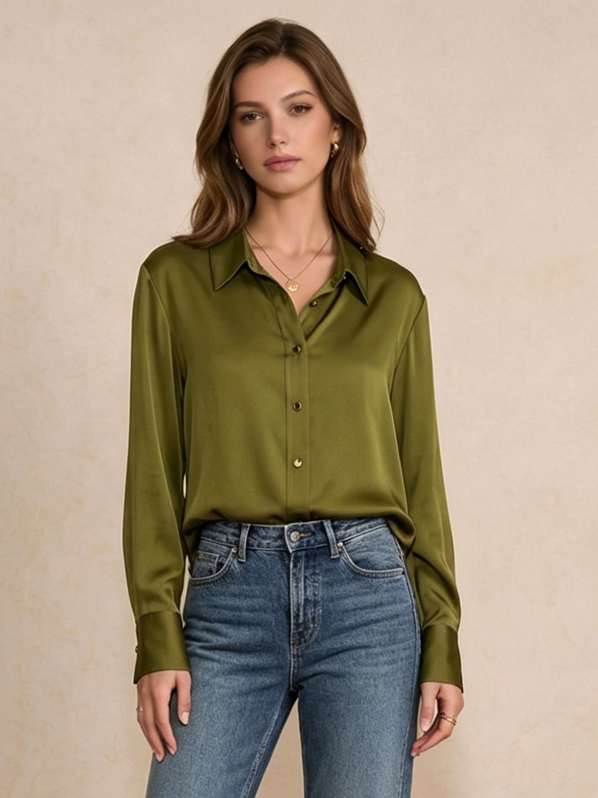 Modern Metallic-Button Silk Blouse #color_Dark Olive