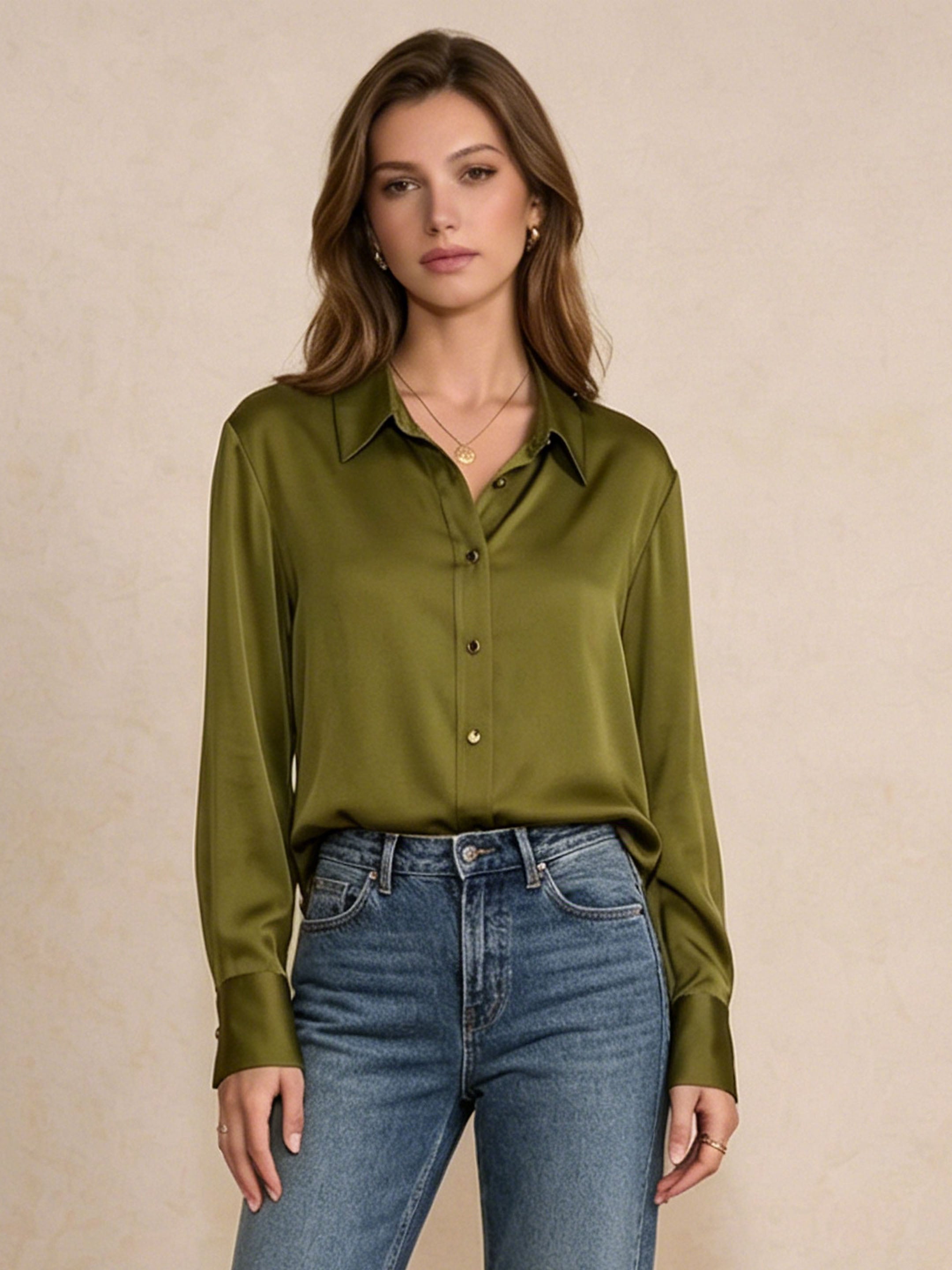 Modern Metallic-Button Silk Blouse #color_Dark Olive