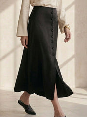 30 Momme Silk Button Midi Skirt #color_Black