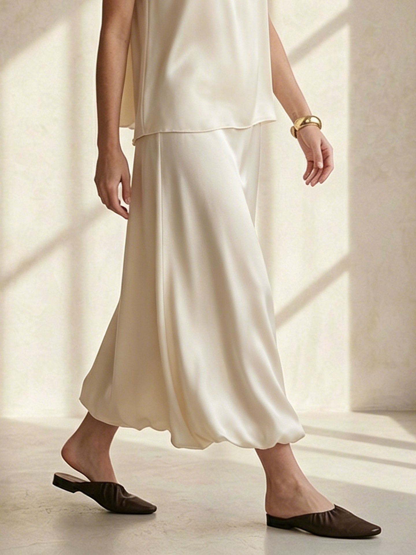 Silk Twill Balloon Bubble Midi Skirt#Ivory White