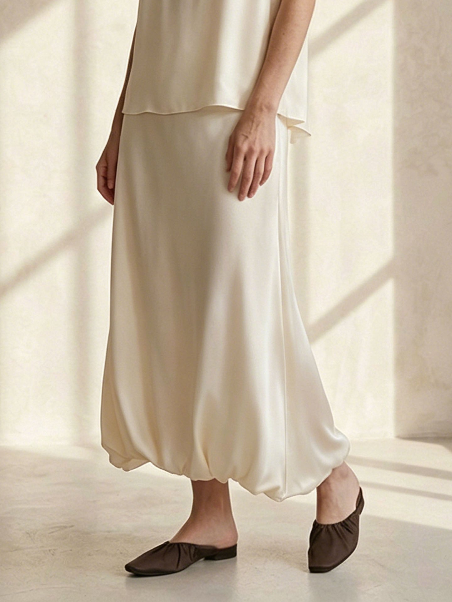 Silk Twill Balloon Bubble Midi Skirt#Ivory White
